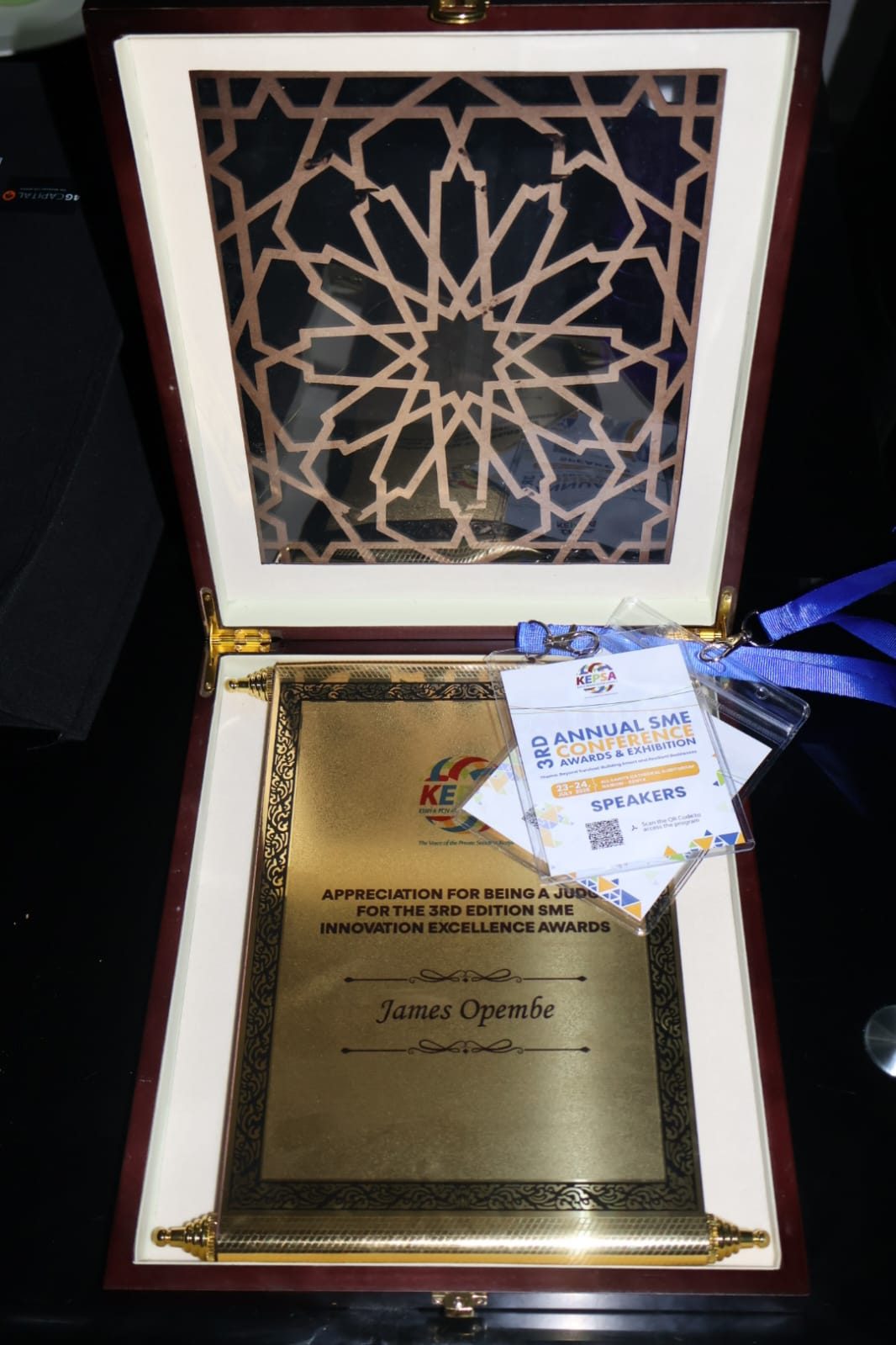 Judging appreciation plaque presented to James Opembe at the 3rd Edition SME Innovation Excellence Awards