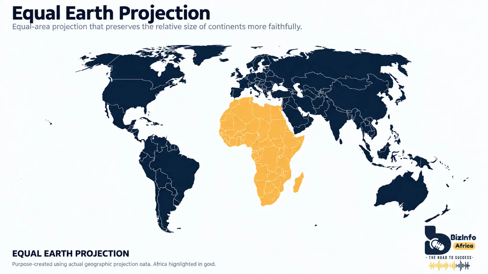 Equal Earth projection world map with Africa highlighted in gold