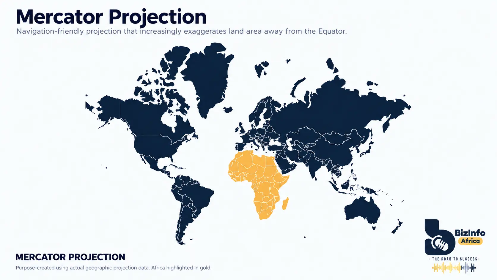 Mercator projection world map with Africa highlighted in gold